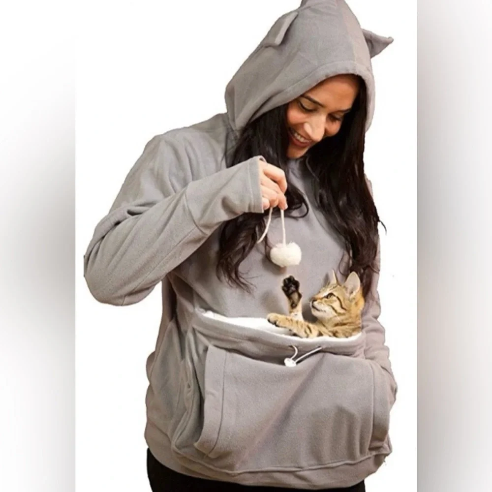 ISSAC LIVE pet animal pouch kitty ears hoodie sweatshirt gray white size L